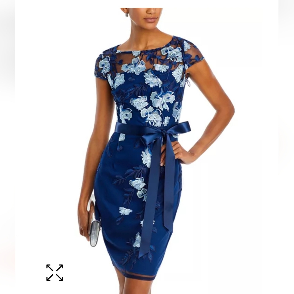 Adrianna Papell Blue Sheath Midi Dress with Flutter Cap Sleeves